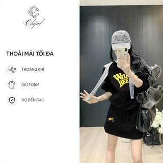 Set Bộ Nỉ Nữ Thu Đông CHEPOL Cổ Tròn, In Chữ, Chất Nỉ Chân Cua Cao Cấp, Dày Dặn( Áo Sweater Đen + Chân Váy Đen)-CP_x1215