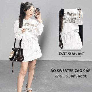 Set Bộ Nỉ Nữ Thu Đông CHEPOL Cổ Tròn, In Chữ Đẹp, Chất Nỉ Chân Cua Cao Cấp (Áo Sweater Trắng + Chân Váy Trắng) -CP_15836