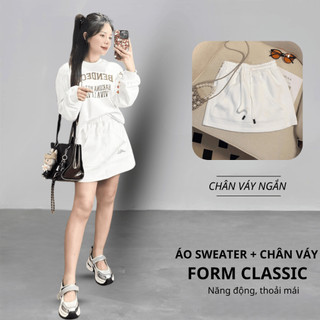 Set Bộ Nỉ Nữ Thu Đông CHEPOL Cổ Tròn, In Chữ Đẹp, Chất Nỉ Chân Cua Cao Cấp (Áo Sweater Trắng + Chân Váy Trắng) -CP_15836