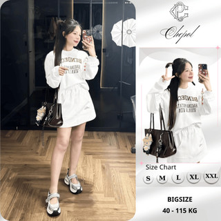 Set Bộ Nỉ Nữ Thu Đông CHEPOL Cổ Tròn, In Chữ Đẹp, Chất Nỉ Chân Cua Cao Cấp (Áo Sweater Trắng + Chân Váy Trắng) -CP_15836