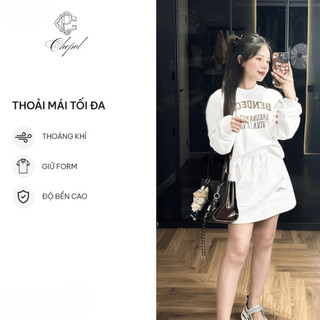 Set Bộ Nỉ Nữ Thu Đông CHEPOL Cổ Tròn, In Chữ Đẹp, Chất Nỉ Chân Cua Cao Cấp (Áo Sweater Trắng + Chân Váy Trắng) -CP_15836