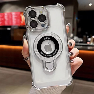 Ốp Giá Đỡ Từ Tính Sang Trọng Cho iPhone 11 12 13 14 15 16 17 Pro Max Plus Túi Khí Trong Suốt Chống Sốc