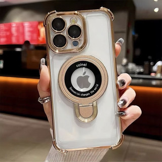 Ốp Giá Đỡ Từ Tính Sang Trọng Cho iPhone 11 12 13 14 15 16 17 Pro Max Plus Túi Khí Trong Suốt Chống Sốc
