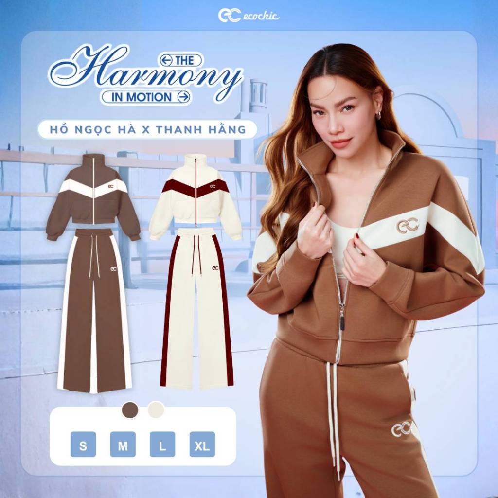 Set Bộ ECOCHIC Áo Nỉ Mịn Phối Line Trước Ngực Quần Suông Viền Trắng Cao Cấp Chính Hãng HNH B203