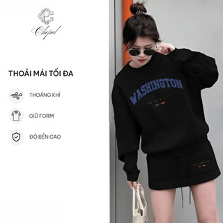 Set Bộ Nỉ Nữ Thu Đông CHEPOL Cổ Tròn, In Trái Tim, Chất Nỉ Chân Cua Cao Cấp ( Áo Sweater Đen + Chân Váy Đen ) - CP_x2123