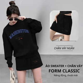 Set Bộ Nỉ Nữ Thu Đông CHEPOL Cổ Tròn, In Trái Tim, Chất Nỉ Chân Cua Cao Cấp ( Áo Sweater Đen + Chân Váy Đen ) - CP_x2123
