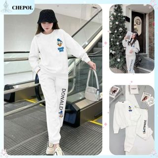 Set Bộ Nỉ Nữ Thu Đông CHEPOL Cổ Tròn, In Chú Vịt, Chất Nỉ Chân Cua Cao Cấp ( Áo Sweater Trắng + Quần Dài Trắng)-CP_15876
