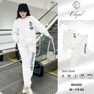 Set Bộ Nỉ Nữ Thu Đông CHEPOL Cổ Tròn, In Chú Vịt, Chất Nỉ Chân Cua Cao Cấp ( Áo Sweater Trắng + Quần Dài Trắng)-CP_15876