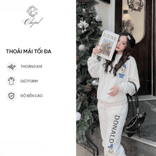 Set Bộ Nỉ Nữ Thu Đông CHEPOL Cổ Tròn, In Chú Vịt, Chất Nỉ Chân Cua Cao Cấp ( Áo Sweater Trắng + Quần Dài Trắng)-CP_15876