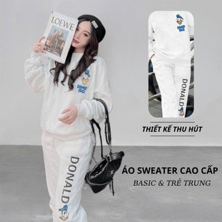 Set Bộ Nỉ Nữ Thu Đông CHEPOL Cổ Tròn, In Chú Vịt, Chất Nỉ Chân Cua Cao Cấp ( Áo Sweater Trắng + Quần Dài Trắng)-CP_15876