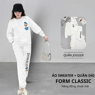 Set Bộ Nỉ Nữ Thu Đông CHEPOL Cổ Tròn, In Chú Vịt, Chất Nỉ Chân Cua Cao Cấp ( Áo Sweater Trắng + Quần Dài Trắng)-CP_15876