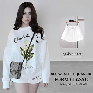 Set Bộ Nỉ Nữ Thu Đông CHEPOL Cổ Tròn, In Hoa Lá, Chất Nỉ Chân Cua Cao Cấp ( Áo Sweater Trắng + Quần Đùi Trắng )-CP_x1106