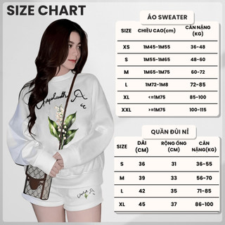 Set Bộ Nỉ Nữ Thu Đông CHEPOL Cổ Tròn, In Hoa Lá, Chất Nỉ Chân Cua Cao Cấp ( Áo Sweater Trắng + Quần Đùi Trắng )-CP_x1106