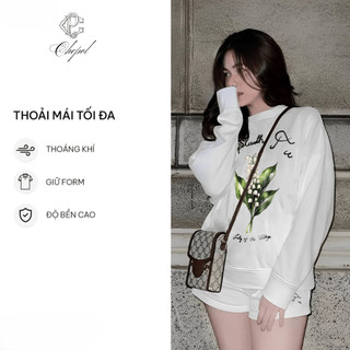 Set Bộ Nỉ Nữ Thu Đông CHEPOL Cổ Tròn, In Hoa Lá, Chất Nỉ Chân Cua Cao Cấp ( Áo Sweater Trắng + Quần Đùi Trắng )-CP_x1106