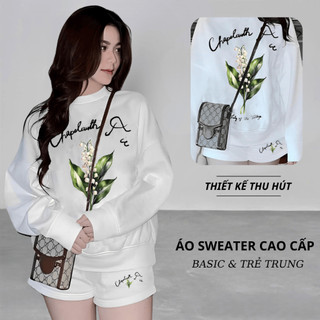 Set Bộ Nỉ Nữ Thu Đông CHEPOL Cổ Tròn, In Hoa Lá, Chất Nỉ Chân Cua Cao Cấp ( Áo Sweater Trắng + Quần Đùi Trắng )-CP_x1106