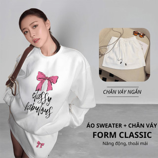 Set Bộ Nỉ Nữ Thu Đông CHEPOL Cổ Tròn, In Chữ Nơ, Chất Nỉ Chân Cua Cao Cấp ( Áo Sweater Trắng + Chân Váy Trắng )-CP_15529