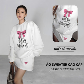Set Bộ Nỉ Nữ Thu Đông CHEPOL Cổ Tròn, In Chữ Nơ, Chất Nỉ Chân Cua Cao Cấp ( Áo Sweater Trắng + Chân Váy Trắng )-CP_15529