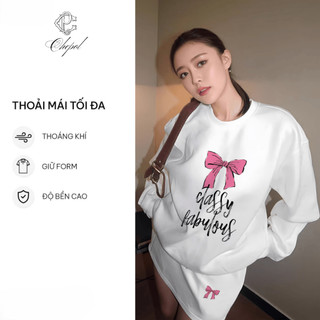 Set Bộ Nỉ Nữ Thu Đông CHEPOL Cổ Tròn, In Chữ Nơ, Chất Nỉ Chân Cua Cao Cấp ( Áo Sweater Trắng + Chân Váy Trắng )-CP_15529