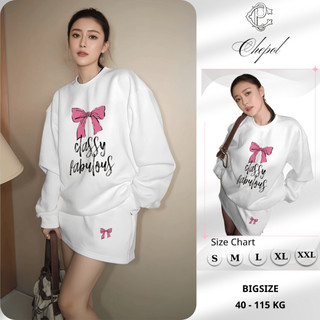 Set Bộ Nỉ Nữ Thu Đông CHEPOL Cổ Tròn, In Chữ Nơ, Chất Nỉ Chân Cua Cao Cấp ( Áo Sweater Trắng + Chân Váy Trắng )-CP_15529
