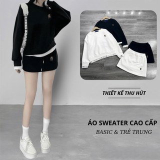 Set Bộ Nỉ Nữ Thu Đông CHEPOL Cổ Tròn, In Chú Gấu Nhỏ, Chất Nỉ Chân Cua Cao Cấp ( Áo Sweater Đen + Chân Váy Đen)-CP_xxx79
