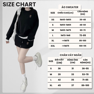 Set Bộ Nỉ Nữ Thu Đông CHEPOL Cổ Tròn, In Chú Gấu Nhỏ, Chất Nỉ Chân Cua Cao Cấp ( Áo Sweater Đen + Chân Váy Đen)-CP_xxx79
