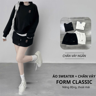 Set Bộ Nỉ Nữ Thu Đông CHEPOL Cổ Tròn, In Chú Gấu Nhỏ, Chất Nỉ Chân Cua Cao Cấp ( Áo Sweater Đen + Chân Váy Đen)-CP_xxx79