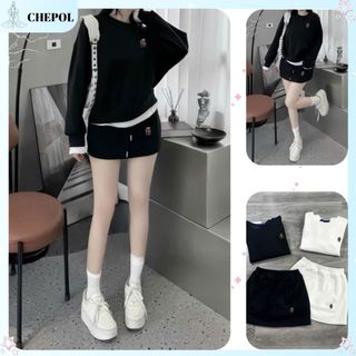 Set Bộ Nỉ Nữ Thu Đông CHEPOL Cổ Tròn, In Chú Gấu Nhỏ, Chất Nỉ Chân Cua Cao Cấp ( Áo Sweater Đen + Chân Váy Đen)-CP_xxx79