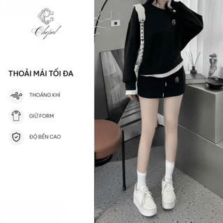 Set Bộ Nỉ Nữ Thu Đông CHEPOL Cổ Tròn, In Chú Gấu Nhỏ, Chất Nỉ Chân Cua Cao Cấp ( Áo Sweater Đen + Chân Váy Đen)-CP_xxx79
