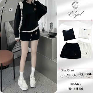 Set Bộ Nỉ Nữ Thu Đông CHEPOL Cổ Tròn, In Chú Gấu Nhỏ, Chất Nỉ Chân Cua Cao Cấp ( Áo Sweater Đen + Chân Váy Đen)-CP_xxx79