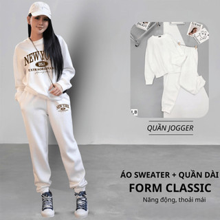 Set Bộ Nỉ Nữ Thu Đông CHEPOL Cổ Tròn, In Chữ USA, Chất Nỉ Chân Cua Cao Cấp ( Áo Sweater Trắng + Quần Dài Trắng)-CP_15896