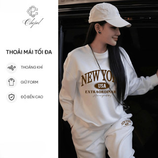 Set Bộ Nỉ Nữ Thu Đông CHEPOL Cổ Tròn, In Chữ USA, Chất Nỉ Chân Cua Cao Cấp ( Áo Sweater Trắng + Quần Dài Trắng)-CP_15896