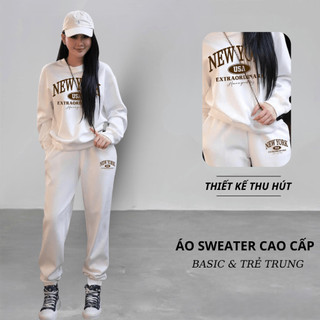 Set Bộ Nỉ Nữ Thu Đông CHEPOL Cổ Tròn, In Chữ USA, Chất Nỉ Chân Cua Cao Cấp ( Áo Sweater Trắng + Quần Dài Trắng)-CP_15896