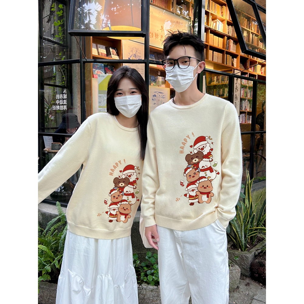 Áo Sweater Nam/Nữ HappyTee - Áo Noel Sweater HAPPY! Santa & Bear dễ thương chất Nỉ