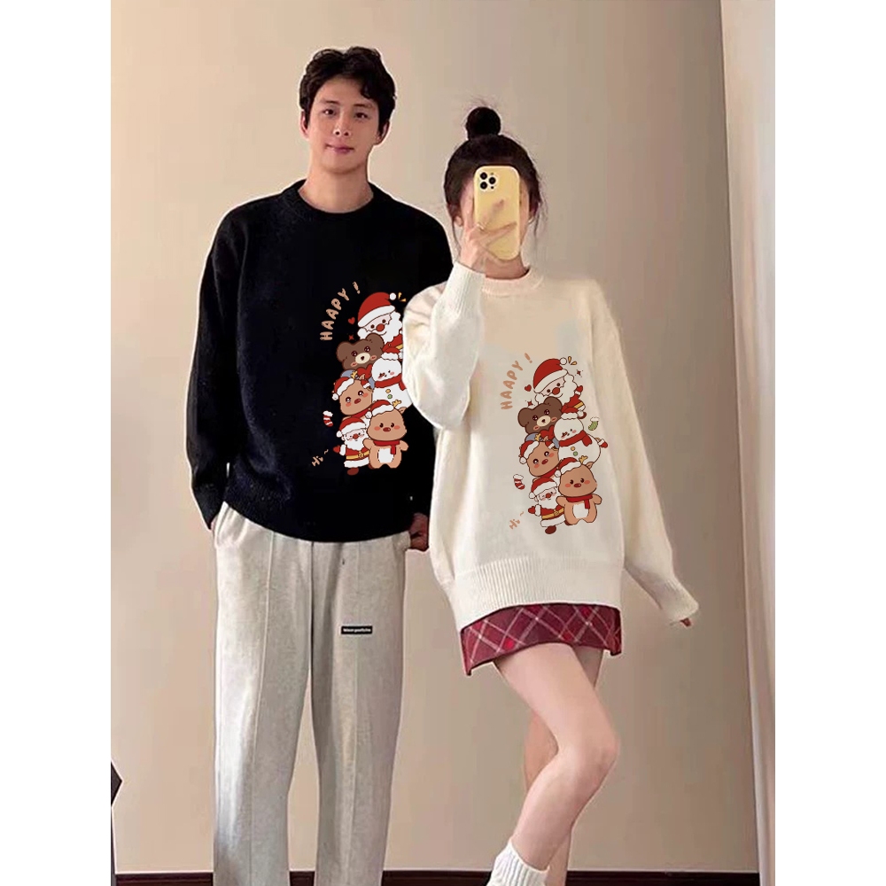 Áo Sweater Nam/Nữ HappyTee - Áo Noel Sweater HAPPY! Santa & Bear dễ thương chất Nỉ