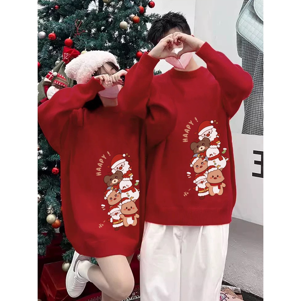 Áo Sweater Nam/Nữ HappyTee - Áo Noel Sweater HAPPY! Santa & Bear dễ thương chất Nỉ