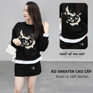 Set Bộ Nỉ Nữ Thu Đông CHEPOL Cổ Tròn, In Thiên Nga, Chất Nỉ Chân Cua Cao Cấp ( Áo Sweater Đen + Chân Váy Đen ) -CP_15774