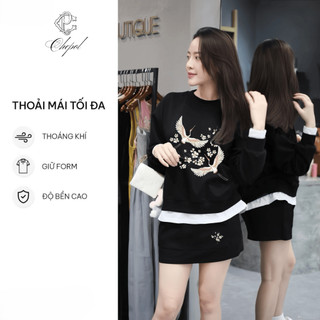 Set Bộ Nỉ Nữ Thu Đông CHEPOL Cổ Tròn, In Thiên Nga, Chất Nỉ Chân Cua Cao Cấp ( Áo Sweater Đen + Chân Váy Đen ) -CP_15774