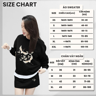 Set Bộ Nỉ Nữ Thu Đông CHEPOL Cổ Tròn, In Thiên Nga, Chất Nỉ Chân Cua Cao Cấp ( Áo Sweater Đen + Chân Váy Đen ) -CP_15774