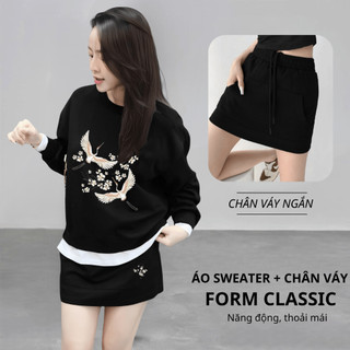Set Bộ Nỉ Nữ Thu Đông CHEPOL Cổ Tròn, In Thiên Nga, Chất Nỉ Chân Cua Cao Cấp ( Áo Sweater Đen + Chân Váy Đen ) -CP_15774