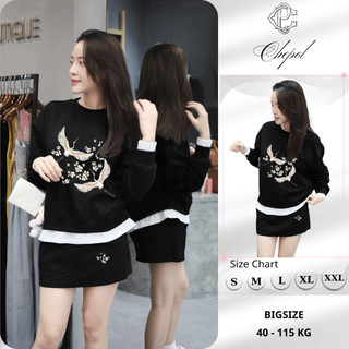 Set Bộ Nỉ Nữ Thu Đông CHEPOL Cổ Tròn, In Thiên Nga, Chất Nỉ Chân Cua Cao Cấp ( Áo Sweater Đen + Chân Váy Đen ) -CP_15774