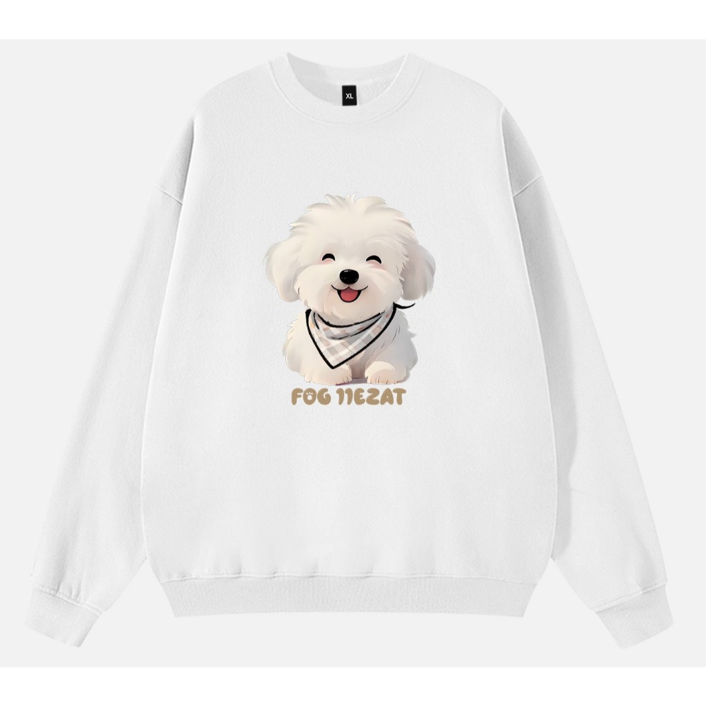 Áo Sweater Nữ HappyTee - Áo Sweater Cún Trắng Hạnh Phúc unisex form rộng, chất Nỉ Cotton mềm mịn