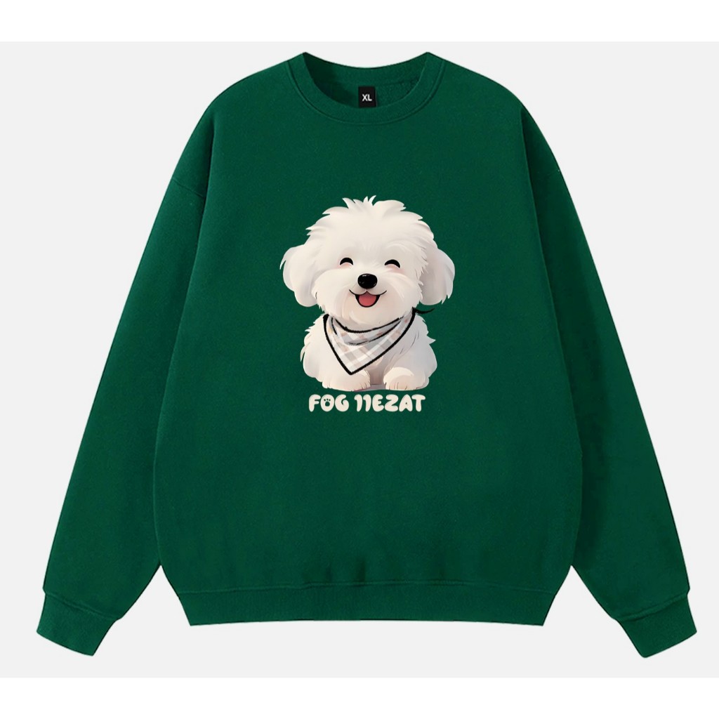 Áo Sweater Nữ HappyTee - Áo Sweater Cún Trắng Hạnh Phúc unisex form rộng, chất Nỉ Cotton mềm mịn