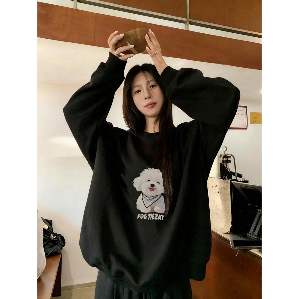 Áo Sweater Nữ HappyTee - Áo Sweater Cún Trắng Hạnh Phúc unisex form rộng, chất Nỉ Cotton mềm mịn