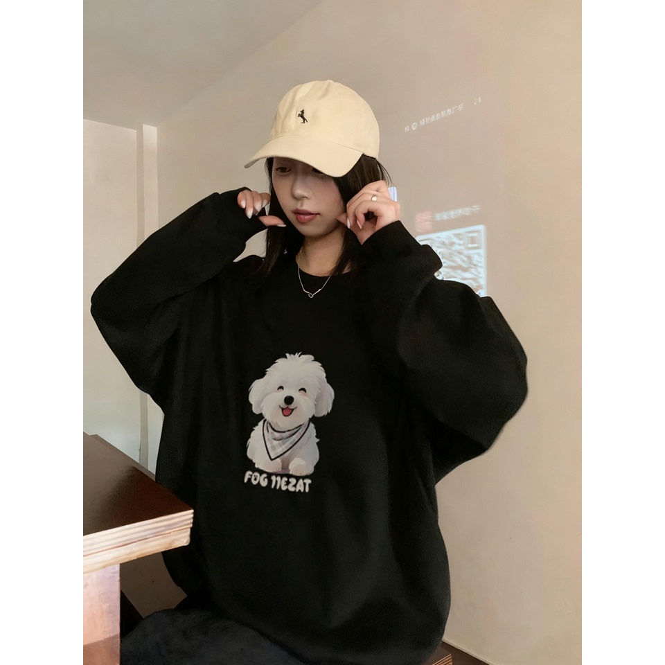 Áo Sweater Nữ HappyTee - Áo Sweater Cún Trắng Hạnh Phúc unisex form rộng, chất Nỉ Cotton mềm mịn