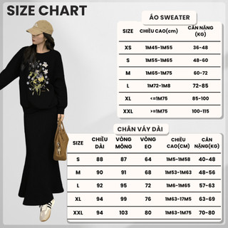Set Bộ Nỉ Nữ Thu Đông CHEPOL Cổ Tròn, In Hoa Lá, Chất Nỉ Chân Cua Cao Cấp ( Áo Sweater Đen + Chân Váy Đuôi Cá )-CP_15965