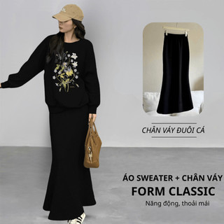 Set Bộ Nỉ Nữ Thu Đông CHEPOL Cổ Tròn, In Hoa Lá, Chất Nỉ Chân Cua Cao Cấp ( Áo Sweater Đen + Chân Váy Đuôi Cá )-CP_15965