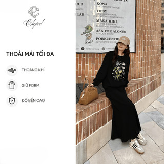 Set Bộ Nỉ Nữ Thu Đông CHEPOL Cổ Tròn, In Hoa Lá, Chất Nỉ Chân Cua Cao Cấp ( Áo Sweater Đen + Chân Váy Đuôi Cá )-CP_15965