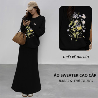 Set Bộ Nỉ Nữ Thu Đông CHEPOL Cổ Tròn, In Hoa Lá, Chất Nỉ Chân Cua Cao Cấp ( Áo Sweater Đen + Chân Váy Đuôi Cá )-CP_15965