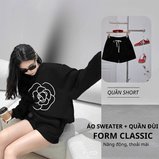 Set Bộ Nỉ Nữ Thu Đông CHEPOL Cổ Tròn, In Bông Hoa, Chất Nỉ Chân Cua Cao Cấp ( Áo Sweater Đen + Quần Đùi Đen ) - CP_xx295
