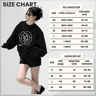 Set Bộ Nỉ Nữ Thu Đông CHEPOL Cổ Tròn, In Bông Hoa, Chất Nỉ Chân Cua Cao Cấp ( Áo Sweater Đen + Quần Đùi Đen ) - CP_xx295